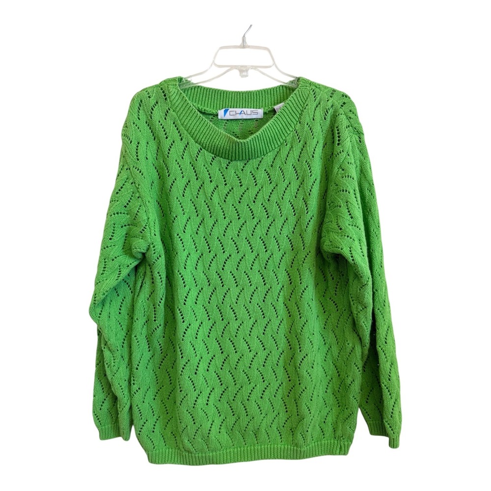 Chaus Vintage Lime Green Pointelle Knit Sweater Ramie Cotton Blend Large